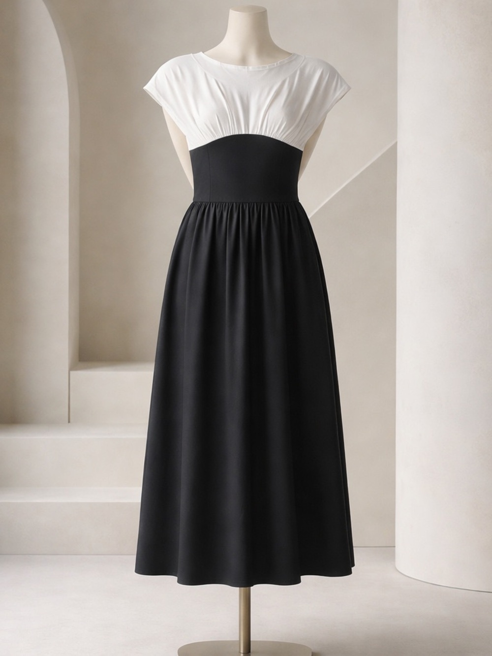 Two Tone A-line Dress Featuring a White Bodice a High-Waisted Black Skirt. SizeM